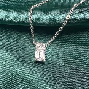Sterling Silver 925 Emerald Cut Clear Crystal Necklace 16”